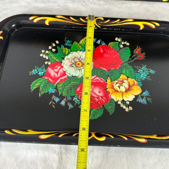 Vintage Set (5) Metal Toleware Snack Tip Tray Hand Painted Floral Flowers 1950's - Picture 8 of 9